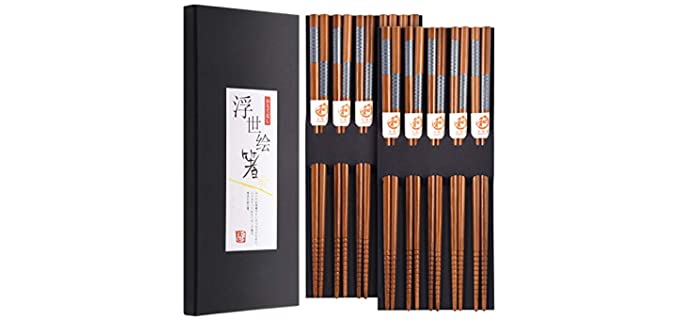 10-Pairs Bamboo Chopsticks, Reusable Classic Japanese Style Chop Sticks Gift Sets, 8.8Inch/22.5cm(Diagonal Wave)