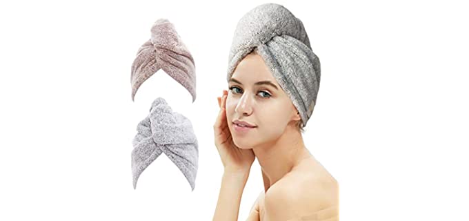 2 Pack Hair Towel Wrap,Rapid Hair Drying Towel with Buttons, Bamboo Hair Towel for Drying Your Hair More Quicker (Star Gray&Star Pink)