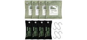 Acmind Air Purifying Bags, Activated Bamboo Charcoal Natural Air Purifier Freshener, Odor Eliminators for Home, Pets, Car, Closet, Shoes (8 Pack & 4 Hooks)