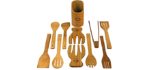 Bamboo Cooking Utensil Set Includes 11 Piece Organic Serving Utensils with Salad Tongs Reusable Eco-Friendly Scratch Resistant Perfectly Completes any Kitchen - Grand Sierra Designs