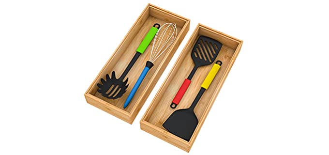 Bamboo Drawer Organizer Storage Box Kitchen - Wood Stackable Tray Set of 2, 15x6x2.5 inch