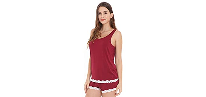 GYS Bamboo Pajamas for Women Tank Top and Shorts Set Moisture Wicking Summer Sleepwear Soft Loungewear with Lace Trim, Wine, Small