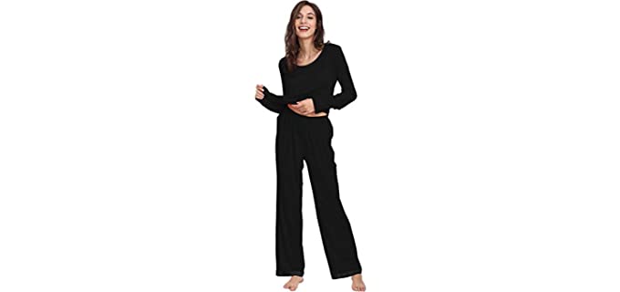 GYS Bamboo Pajamas Set for Women Round Neck Long Sleeve Sleepwear with Pants Soft Comfy Pj Lounge Sets S-4X, Black, XX-Large