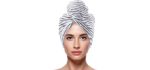 Gemily Microfiber Bamboo Hair Towel Wrap with Buttons Grey 1PC Absorbent Bath Hair Turbans Stripe Hair Drying Towel Super Soft Fast Drying Hair Cap for Women and Girls (F-Grey)