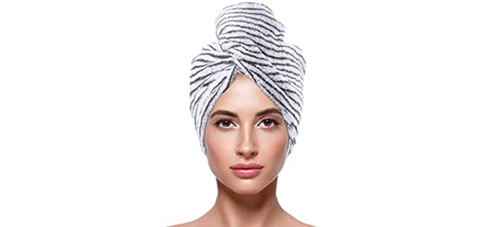 Gemily Microfiber Bamboo Hair Towel Wrap with Buttons Grey 1PC Absorbent Bath Hair Turbans Stripe Hair Drying Towel Super Soft Fast Drying Hair Cap for Women and Girls (F-Grey)