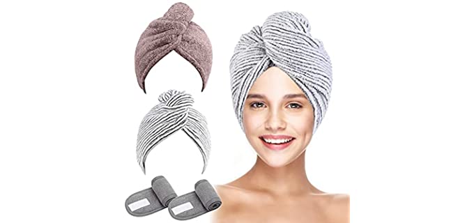 LUUCOZ Organic Bamboo Fiber Hair Towel Wrap, Quick Drying Hair Turban Wrap with Button, Ultra-Soft Drying Hair Towels, Quick Magic Dryer Caps, Dryer Hair Hat （Dark Pink-Stripe)