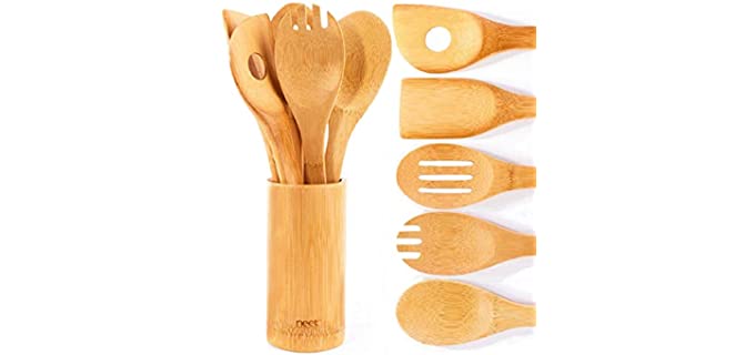 Neet Wooden Spoons For Cooking 6 Piece Organic Bamboo Utensil Set With Holder Wood Kitchen Utensils Spatula Spoon For High Heat Stirring In Nonstick Pots & Pans Quality Gift & Everyday Use