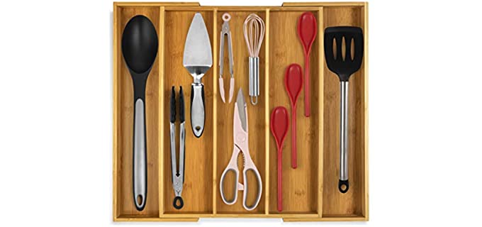 RMR Home Bamboo Silverware Organizer - Expandable Kitchen Drawer Organizer and Utensil Organizer, Perfect Size Cutlery Tray with Drawer Dividers for Kitchen Utensils and Flatware (3-5 Slots) (Natural)
