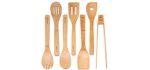 Wooden Spoons For Cooking 7-Pack - Bamboo Kitchen Utensils Set for Nonstick Cookware (Wooden Spatula, Cooking Spoon, Fork, Turner, Kitchen Tongs) - Wooden Cooking Utensils Set, Bamboo Kitchen Tools