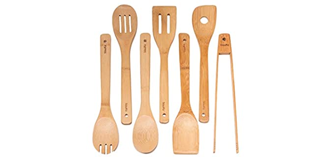 Wooden Spoons For Cooking 7-Pack - Bamboo Kitchen Utensils Set for Nonstick Cookware (Wooden Spatula, Cooking Spoon, Fork, Turner, Kitchen Tongs) - Wooden Cooking Utensils Set, Bamboo Kitchen Tools