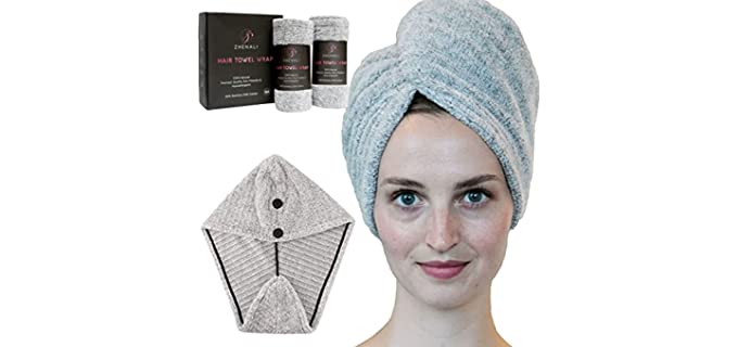 Zhenali Hair Drying Towel Wrap for Women. 2 Pack - Bamboo and Cotton Hair Towel for Drying Your Hair Naturally. Ultra- Soft, Super Absorbent Bath Turban for Thick, Long, Short or Curly Hair.