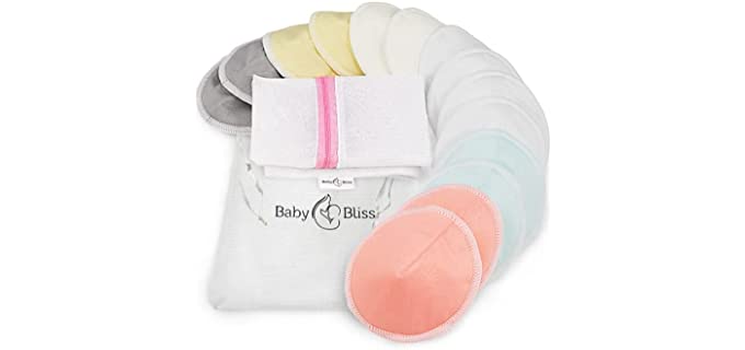 BABY BLISS Organic Bamboo Nursing Breast Pads - 14 Washable Pads with Wash and Storage Bags - Breastfeeding Nipple Pad for Maternity - Reusable Nipplecovers for Breast Feeding (Large, 4.7