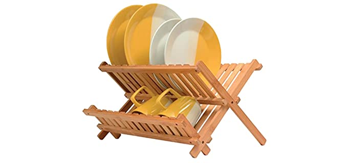 Collapsible Dish Drying Rack - Bamboo 2-Tier Dish Drainer Kitchen Plate Rack for Kitchen Countertop - Foldable & Compact for Space-Saving Storage