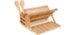 Dish Drying Rack Bamboo Kitchen Collapsible 3 Tier Drainer Rack with Utensils Flatware Holder