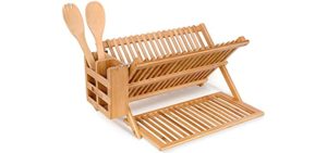 Dish Drying Rack Bamboo Kitchen Collapsible 3 Tier Drainer Rack with Utensils Flatware Holder