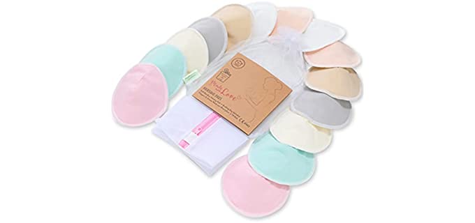 Organic Bamboo Nursing Breast Pads - 14 Washable Pads + Wash Bag - Breastfeeding Nipple Pads for Maternity - Reusable Breast Pads for Breastfeeding (Pastel Touch, Large 4.8