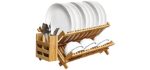 PENGKE Dish Rack, Bamboo Folding 2-Tier Collapsible Drainer Dish Drying Rack With Utensils Flatware Holder Set (1 Dish Rack With Utensil Holder for Kitchen)