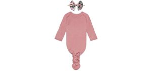 Posh Peanut Knotted Gown and Bow Headband Set - Viscose from Bamboo Infant Layette Swaddle Wear - 0-3 Months (Dusty Rose)