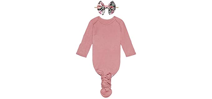 Posh Peanut Knotted Gown and Bow Headband Set - Viscose from Bamboo Infant Layette Swaddle Wear - 0-3 Months (Dusty Rose)