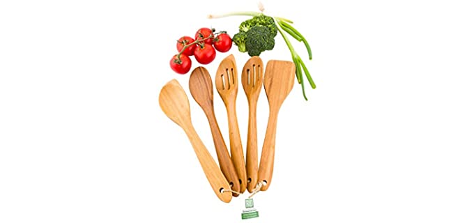 12 Inch Bamboo Utensil Set, 5-Piece Heat Resistant Wooden Utensils For Cooking - Eco Friendly, Non Stick, Natural Bamboo Wood Kitchen Utensils, For Cooking, Stirring, Or Mixing - Restaurantware