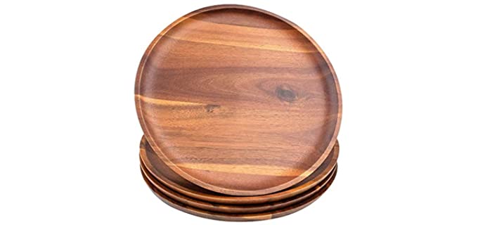 Acacia Wood Dinner Plates, AIDEA 11Inch Round Wood Plates Set of 4, Easy Cleaning & Lightweight for Dishes Snack, Dessert, Unbreakable Classic Plate