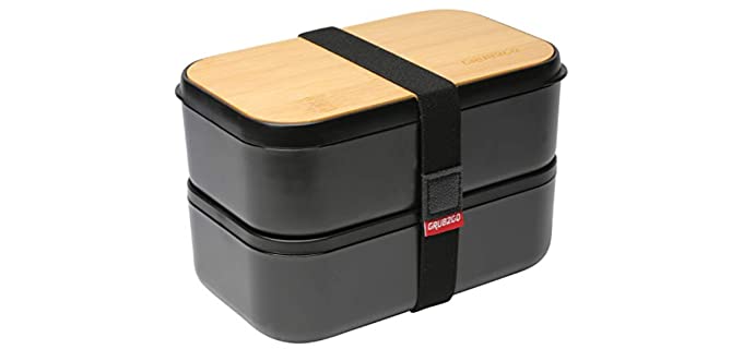 GRUB2GO Premium Bento Lunch Box (Large 68 Oz Capacity) | 2021 Model, 70% Bigger | Includes Bamboo Chopping Board Lid, Carry Bag, 2 Dividers, Utensils, Sauce Container