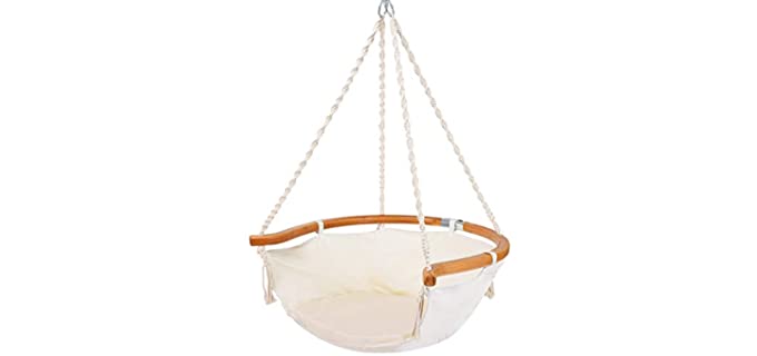 Hammock Chair Macrame Swing, Foldable Bamboo Comfort Back Support, Max 330 Lbs Hanging Cotton Rope Hammock Swing Chair for Indoor Outdoor Use