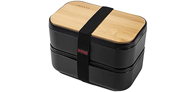 INVVNI Bento Lunch Box for Adult Kids ( Large 68 Oz Capacity ) Japanese Bamboo Stackable Black Lunch Containers - Microwave safe, Bpa free, Leakproof, Men Women