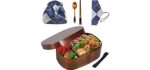 Lodintech Bento Box Japanese Lunch Box Adults Kids, Wooden Bento Lunch Box with Lunch Bag Utensils Chopsticks Spoon, Bento Lunch Container 3 Compartments, 23 oz/ 700ml Meal Prep Container (Rectangle)