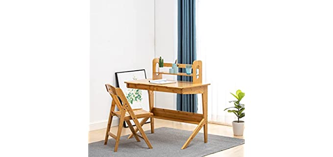 Maydear Bamboo Kids Desk and Chair Set, Kids Table and Chair Set with Bookshelves, Children Desk, Kids Study Table and Chair Set， for School Home Bedroom or Daycare Center (Wood Color)