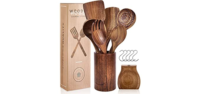 Wooden Cooking Utensils, Kitchen Utensils Set with Holder & Spoon Rest, Teak Wood Spoons and Wooden Spatula for Cooking, Nonstick Natural and Healthy Kitchen Cookware, Durable Set of 13 pieces