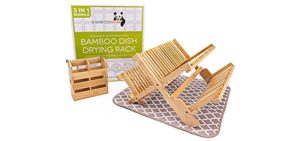 All-in-1 Bamboo Dish Drying Rack Set with Utensil Holder and Microfiber Drying Mat Large Collapsible 3 Tier Wooden Dish Drying Rack Bamboo Utensil Drying Rack and 15