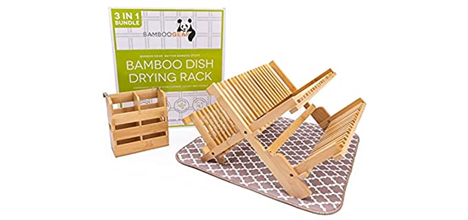 All-in-1 Bamboo Dish Drying Rack Set with Utensil Holder and Microfiber Drying Mat Large Collapsible 3 Tier Wooden Dish Drying Rack Bamboo Utensil Drying Rack and 15