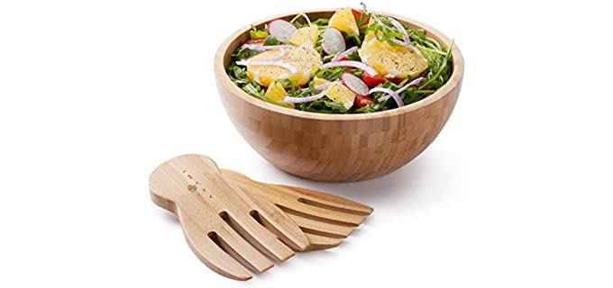 Avami Bamboo Collection Wood Salad Serving Bowl Large 9.6 inches Set with Servers Eco-Friendly and Perfect for Salad, Food, Vegetables and Fruit.