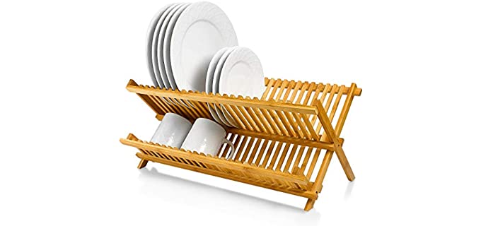 Bamboo Dish Rack 20 x 13 Inch – Wood Collapsible Drying Rack 100% Natural Bamboo – Folding Kitchen Plate Holder.