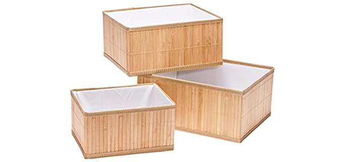 Bamboo Storage Baskets, Set of 3; All-Natural Organizer Bins with Fabric Liner on Inside; Boxes Great for Kitchen, Pantry, Bathroom, Closets, Storage, Shelving, Toys; 3 Sizes: Small, Medium, Large