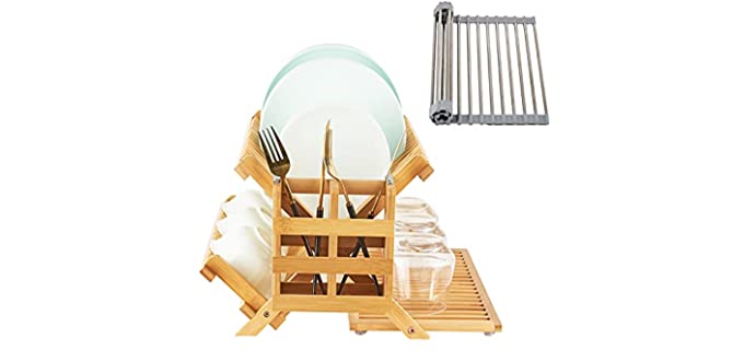 Bamboo Dish Drying Rack Set, 3-Tier Collapsible Bamboo Drainer Dish Drying Rack with Utensil Holder ,Multipurpose Roll-Up Dish Drying Rack