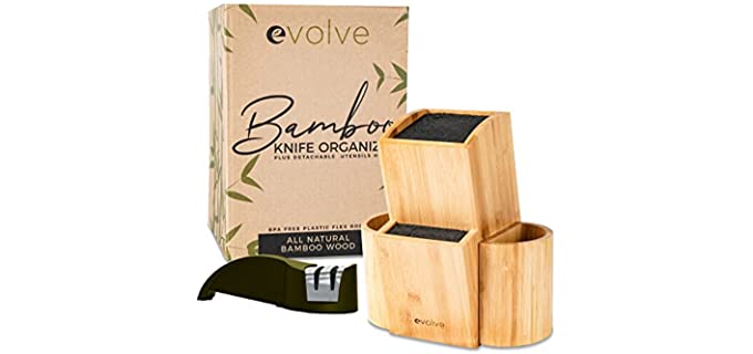 EVOLVE Bamboo Knife Block - Universal Kitchen Knife Holder - Safe & Space Saver Knife Storage that Covers Knife Blades Up To 9” & Holds Up To 20 Knives with Machine Washable & BPA Free Flex Rods.