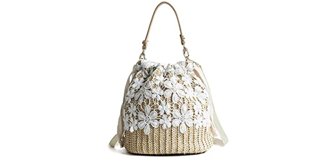 FENBEN Bamboo Handbag, Beach Purse Bag Half Moon Bag, Straw Lace Woven Travel Sling Bag Shoulder Crossbody Bag for Women, Beige, One Size