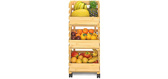 Fruit Basket for Kitchen, Large 3-Tier Bamboo Fruit Basket Stand, Detachable & Mobile - Perfect for Kitchen, Pantry Closet, Bedroom, Bathroom,Garage