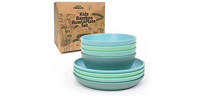 Grow Forward Kids Bamboo Bowl and Plate Set - 4 Bamboo Kids Plates and 4 Bamboo Kids Bowls - Toddler Dishes - BPA Free & Dishwasher Safe - Eco Friendly Biodegradable Reusable Dinnerware - Rainforest