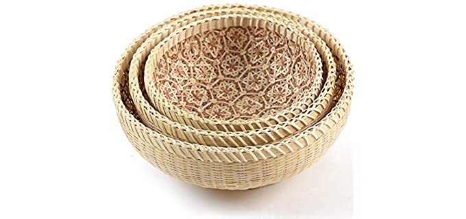 Handmade Wicker Woven Basket, Bread Baskets for Serving, Fruit Baskets, Kitchen Organizer, Handmade Basket, Multi-purpose Storage Round Wicker Basket Natural Set of 3 Different Sizes (Bamboo)