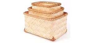 Homedy Crafts Bamboo Storage Bins Set Of 3, Handmade Decorative Woven Basket Organizer for Kitchen, Bathroom, Shelf Toy Rustic Home Decor, Natural Rectangle Wicker Organizer Baskets (Bamboo Natural)