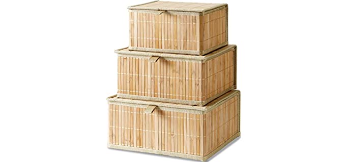 Honygebia Bamboo Decorative Storage Boxes - Rectangle Lined Basket with lids Organizer for Shelf (Set of 3)