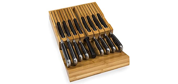 In-Drawer Bamboo Knife Block Holds 16 Knives (Not Included) Without Pointing Up PLUS a Slot for your Knife Sharpener! Noble Home & Chef Knife Organizer Made from Quality Moso Bamboo