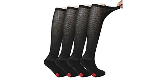 +MD 4 Pack Men’s Extra Wide Non-Binding Diabetic and Circulatory Bamboo Over The Knee Socks with Cushioned Sole 4Black13-15