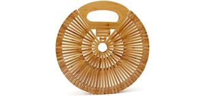 Miuco Women Bamboo Top-Handle Handbags Round Straw Beach Tote Bag Small