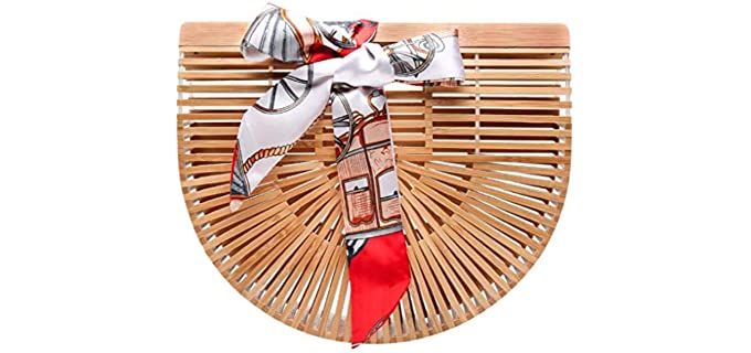 Obosoyo Women's Handmade Bamboo Handbag Summer Beach Sea Tote Bag Beige Small