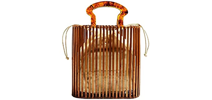 Womens Fashion Bamboo Bag with Acrylic Handle Bucket Bag Summer Beach Clutch Purse Handbags