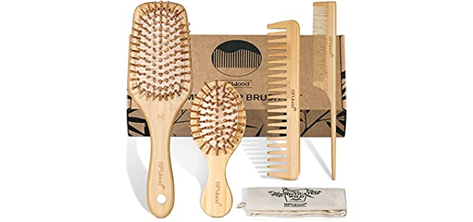 BFWood Bamboo Hair Brush Set, Eco-Friendly Wooden Hair Brushes and Combs Set for All Types of Hair in Family